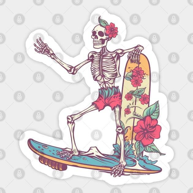 Funny Skeleton On Surfboard Sticker by FlawlessSeams